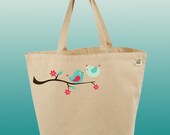 Canvas Tote Bag-Large Carry All Recycled Organic Tote- Kissing Birds-Spring