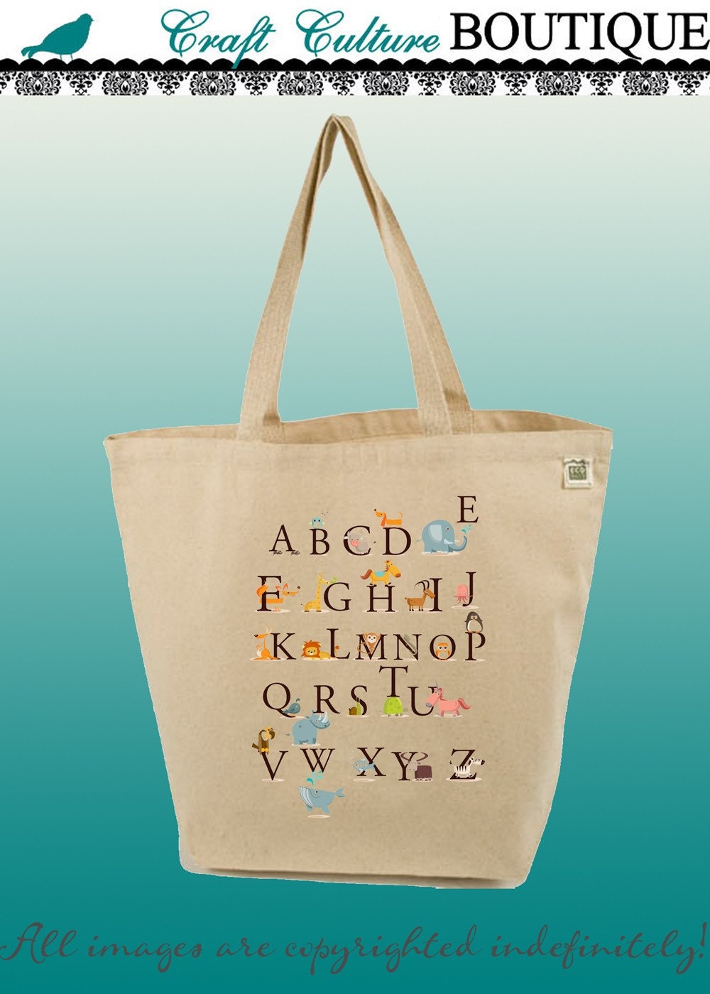 Canvas Tote Bag-Large Carry All Recycled Organic Tote- My Little Alpahbet-Letters-Animals