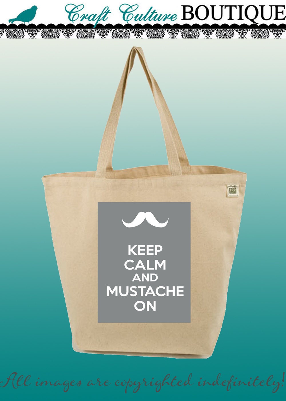 Canvas Tote Bag-Large Carry All Recycled Organic Tote- Keep Calm And Mustache On-Typography-Mustache
