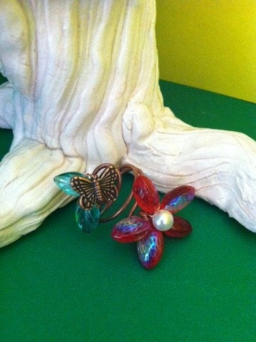 Strawberry Flower and Butterfly Ring, Butterfly Jewelry, Handmade, Wire Rings