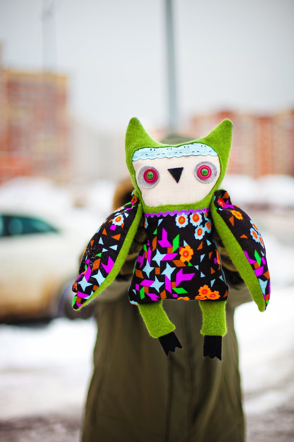 Greenhead owl, soft art toy by Wassupbrothers.