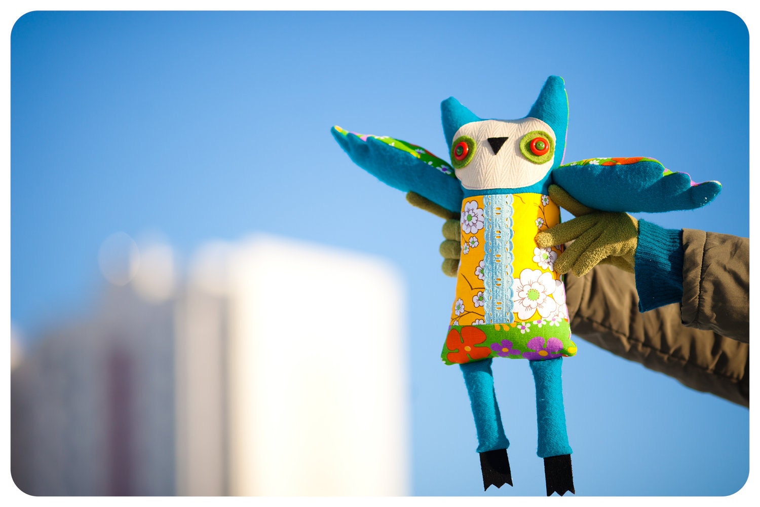 Turquoise owl, soft toy by Wassupbrothers.