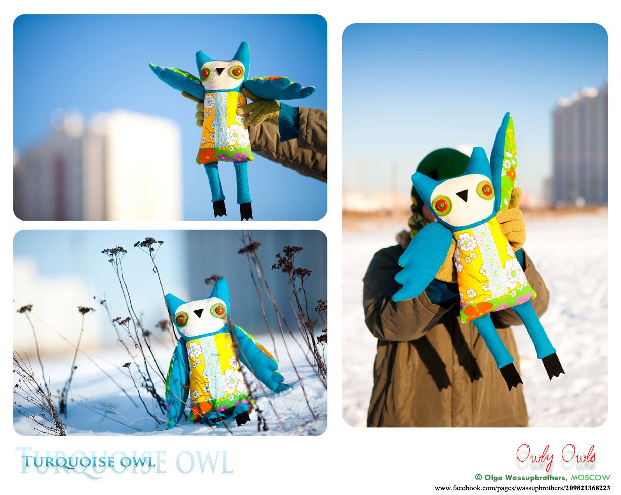 Turquoise owl, soft toy by Wassupbrothers.