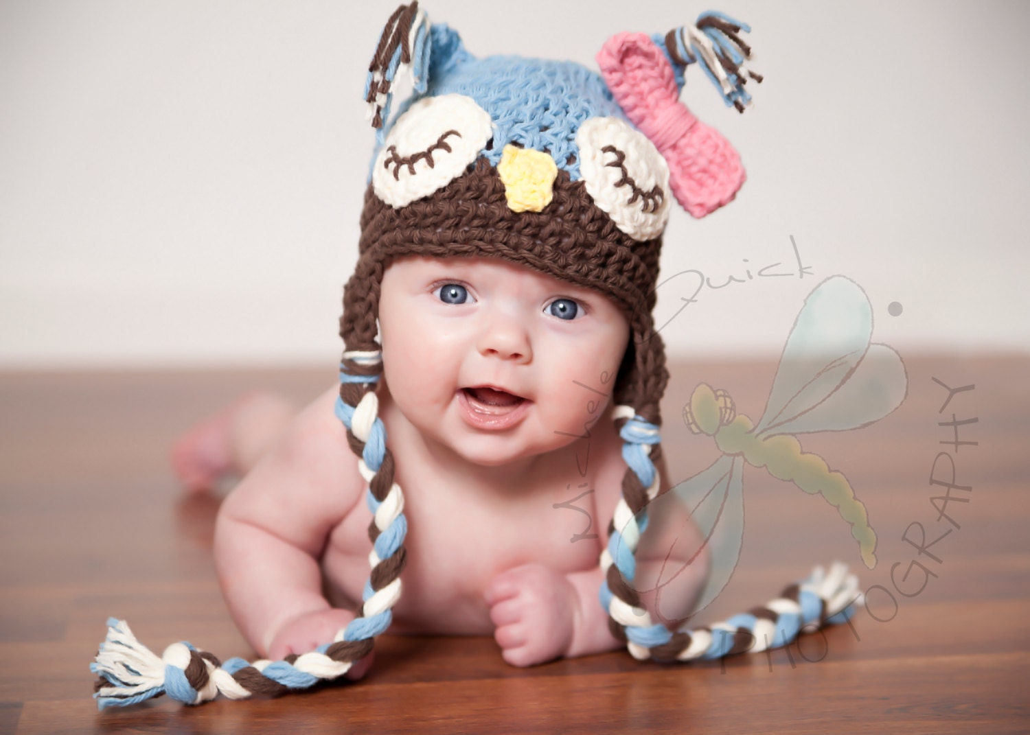 Newborn to 3 months Sleepy Owl Hat/Detachable Bow or Flower blue/brown/cream Original Design