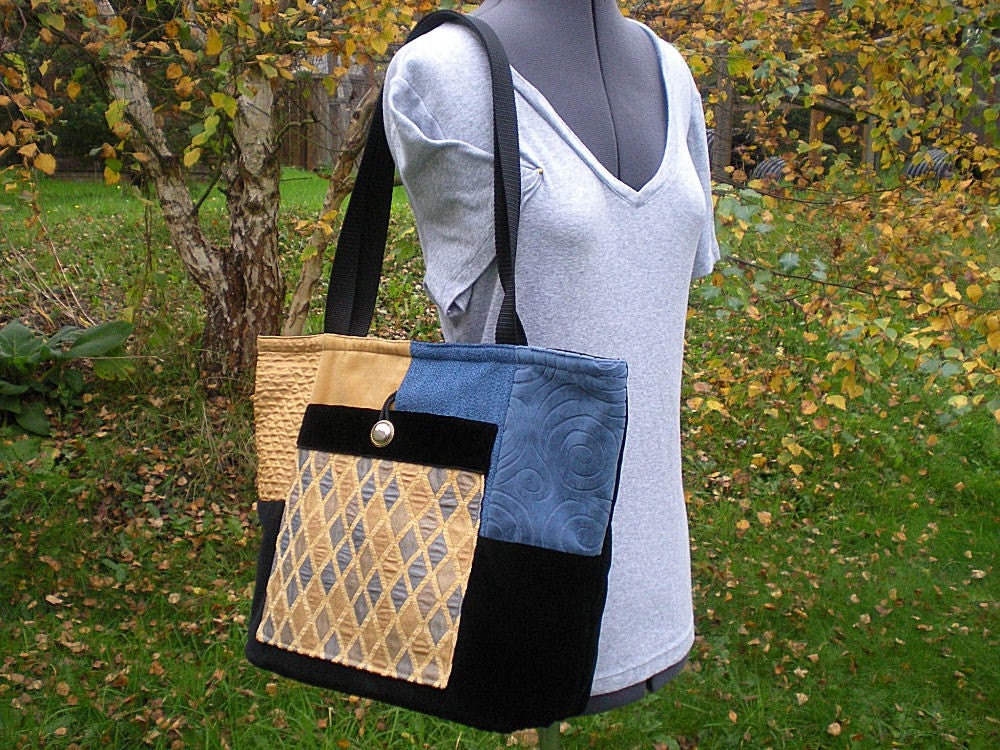 Fabric Tote Bag, Slate Blue Velvet, Large Fabric Shoulder Bag, Black Velvet, Yellow, Womens,  Front Pocket, Zippered, Patchwork