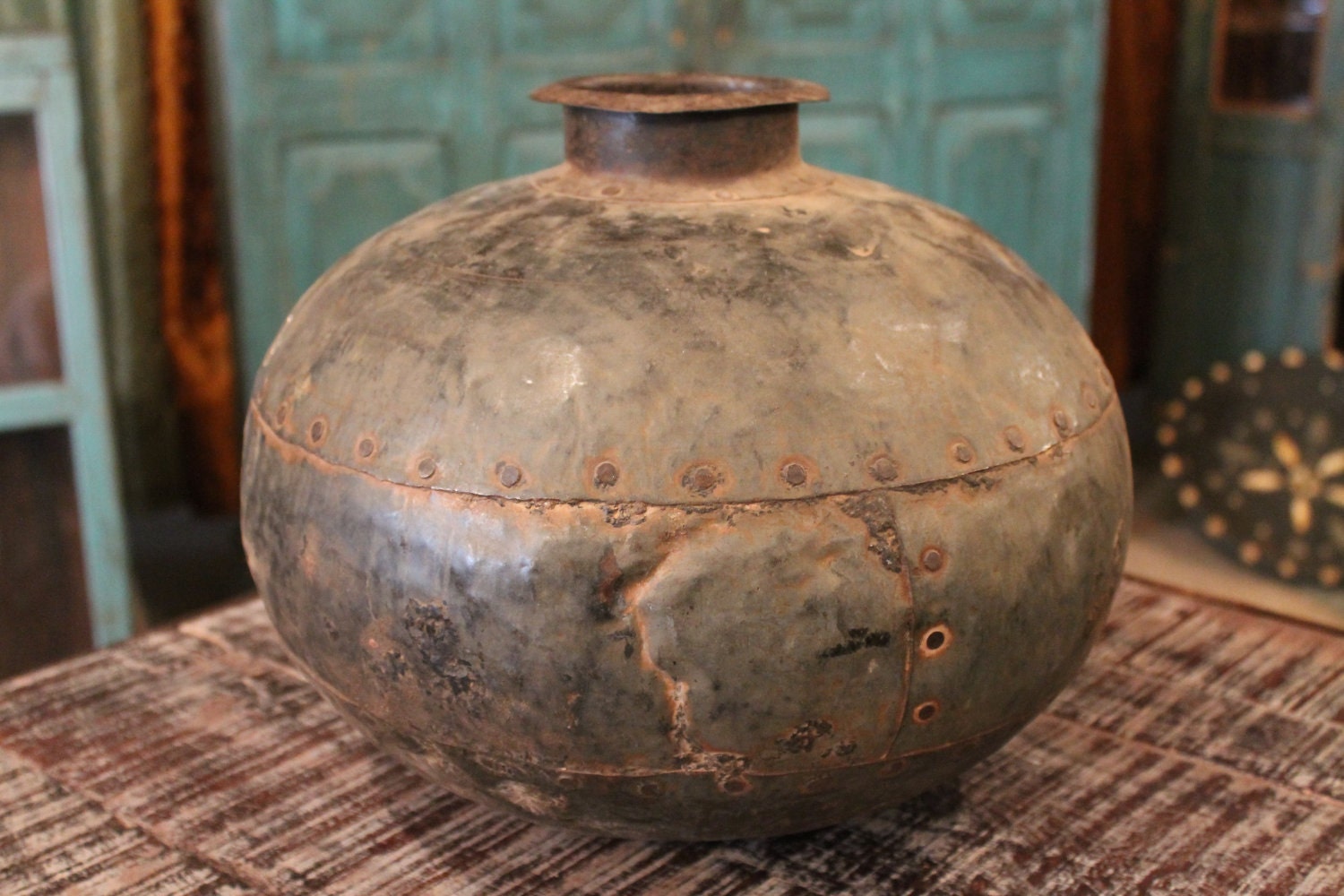 Reserved for Jon Cyber Monday SALE Vintage Distressed Metal Pot/Vase/Urn