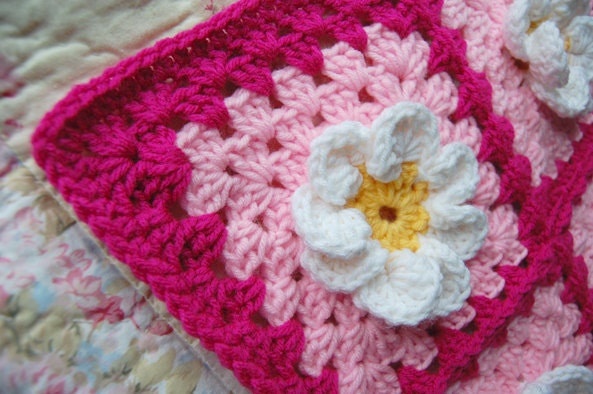 Daisy Flower Pink Granny Square Patchwork Baby Granny Square Afghan Blanket Baby Shower Gift