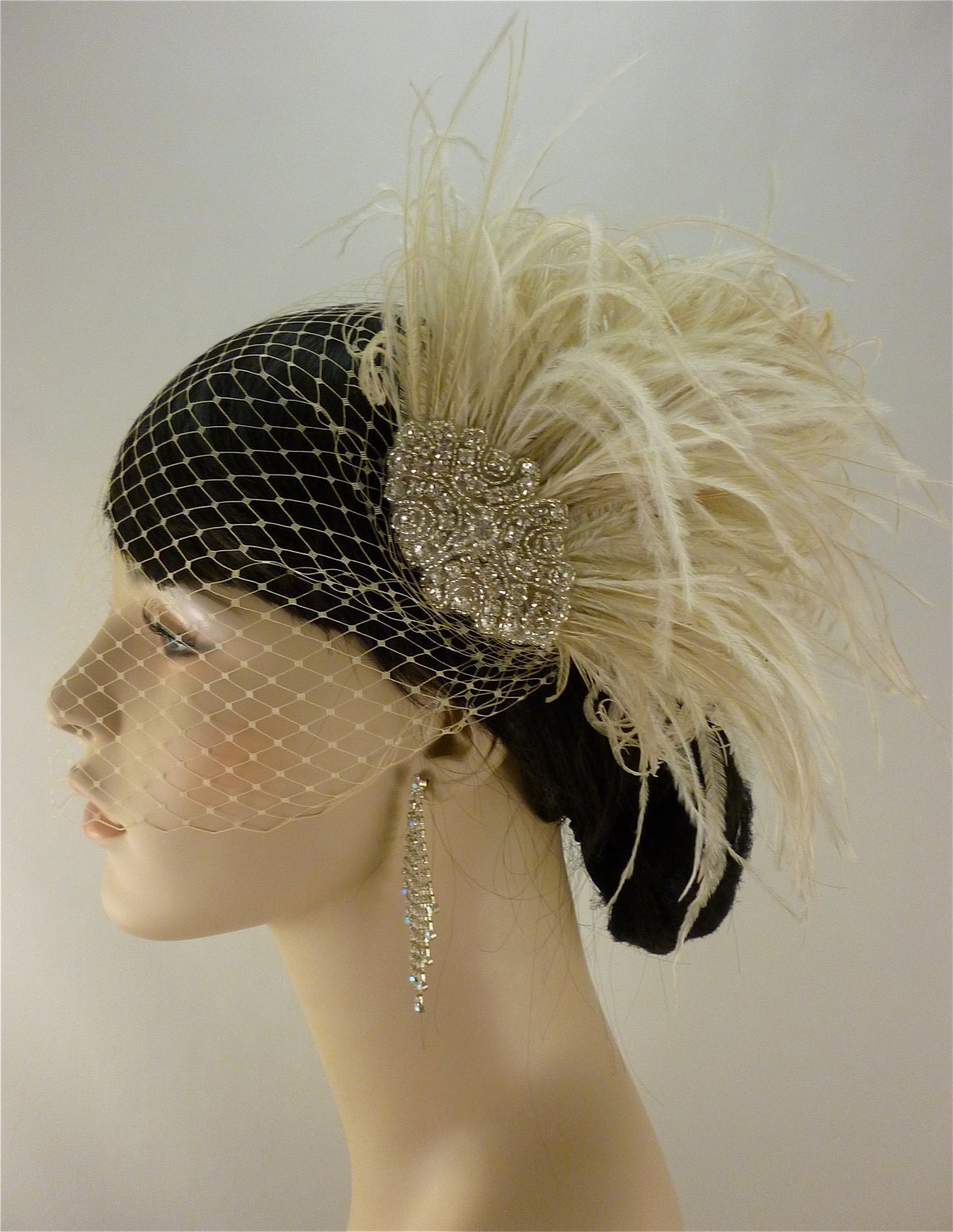 Hollywood Glitz - Rhinestone Bridal Feather Fascinator, Champagne Feather Fascinator, Bridal Headpiece, Wedding Hair Accessory, Wedding Veil