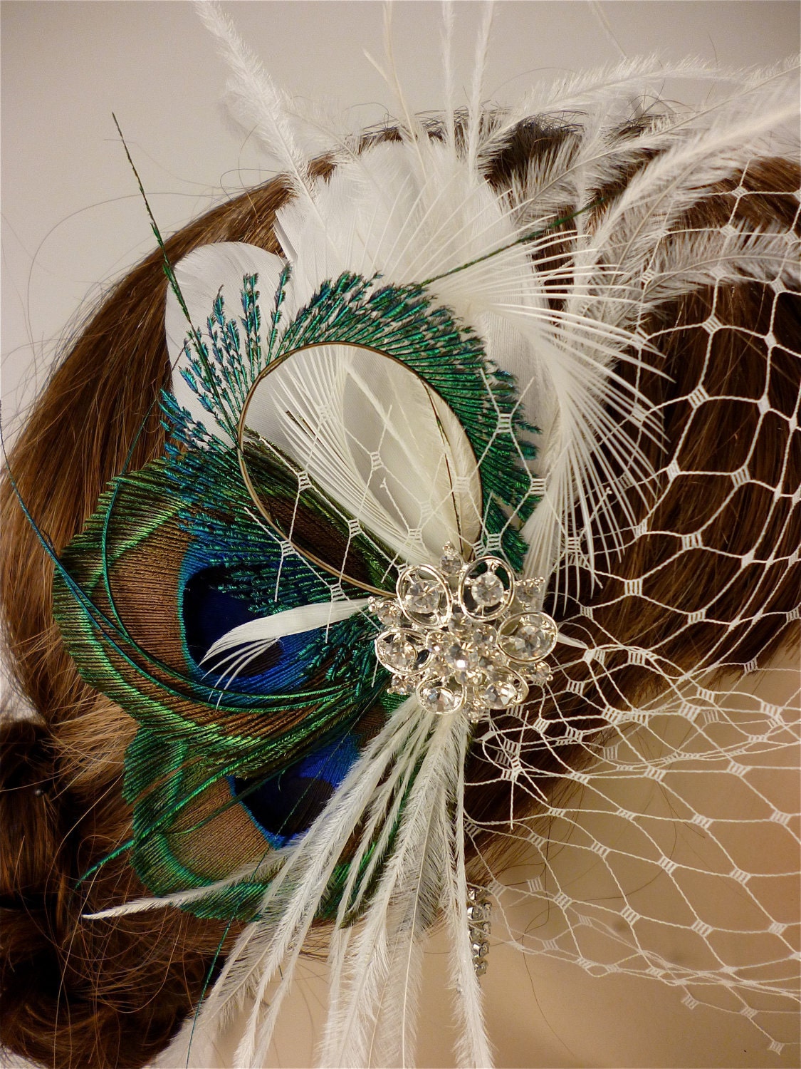 Bridal Feather Fascinator, Bridal Fascinator, Feather Fascinator, Fascinator, Wedding Veil, Bridal Headpiece, Bridal Veil, Peacock