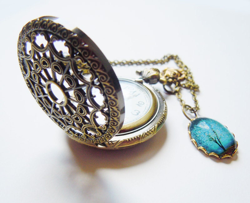 Sapphire Wind -- Charm -- Wearable Art Pocket watch necklace-Valentine's Gift