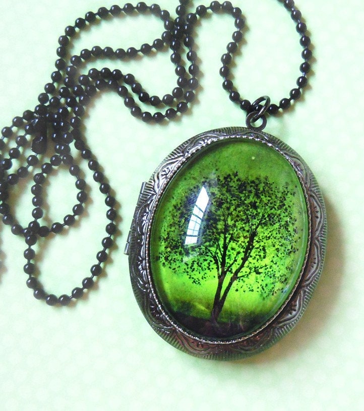 Emerald Bewitched -- Wearable Art tree Locket-Valentine's Gift