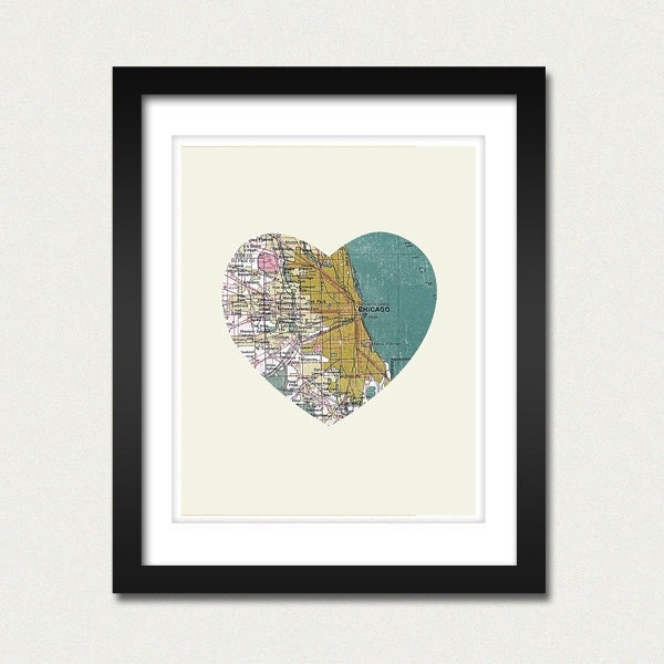 Chicago Art City Heart Map - 8x10 Art Print