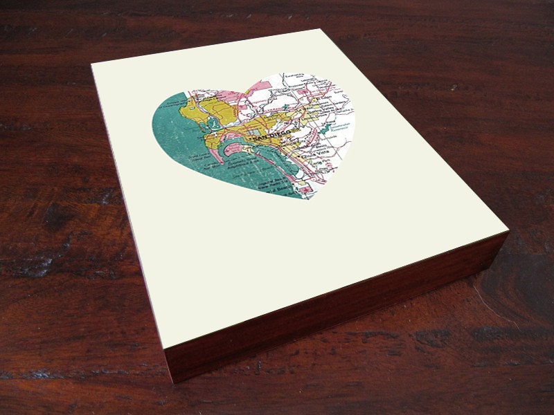San Diego Art City Heart Map - Wood Block Art Print California