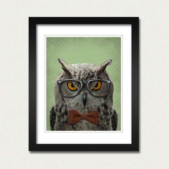 The Studious Owl with Glasses and Bowtie - 8x10  Art Print