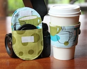 Photographer Gift Set - Camera Lens Cap Pocket and Coffee Cup Sleeve - Choose Custom Fabrics - Made to Order - CraftyStaci