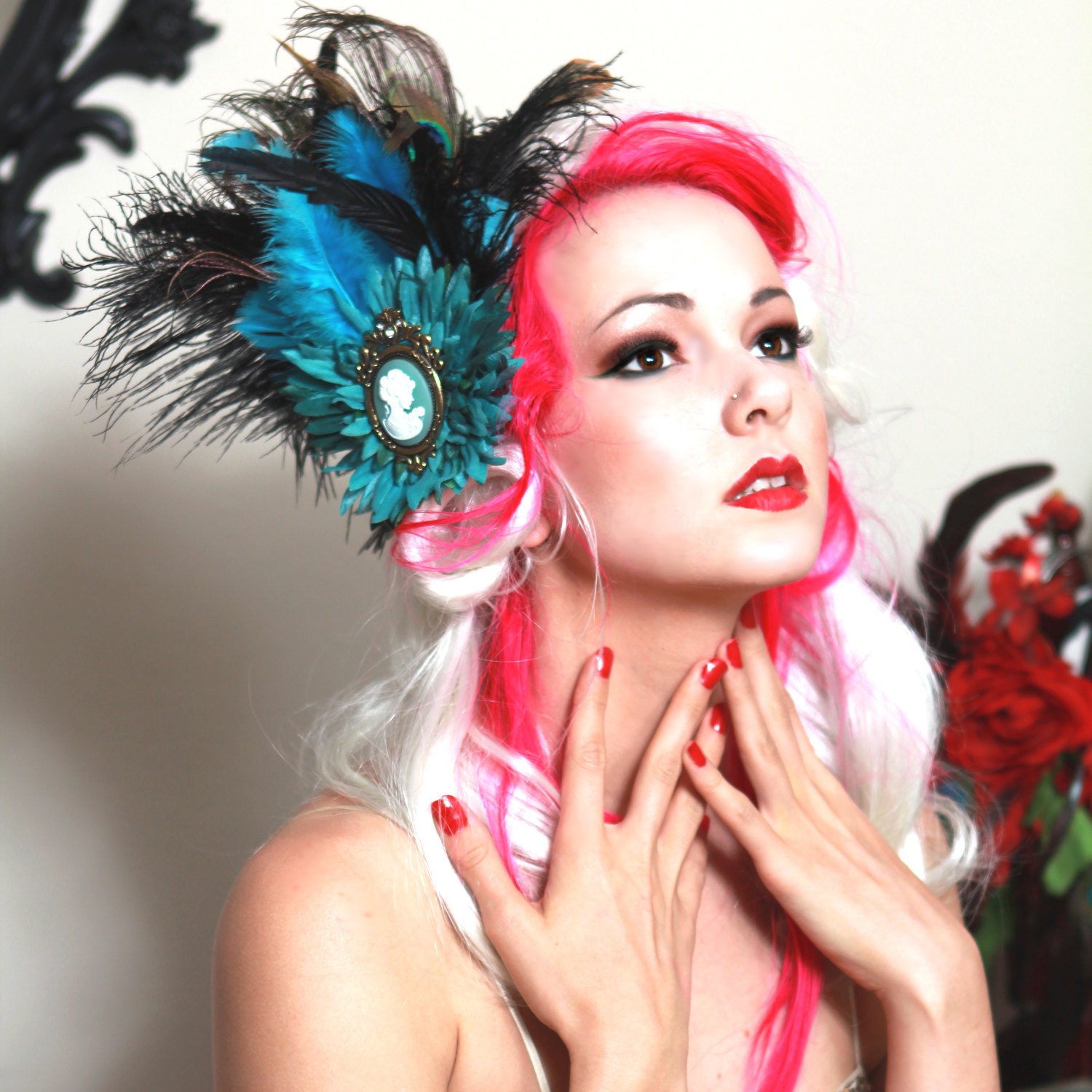 Teal & Black Peacock Cameo headband - ostrich feather burlesque fascinator