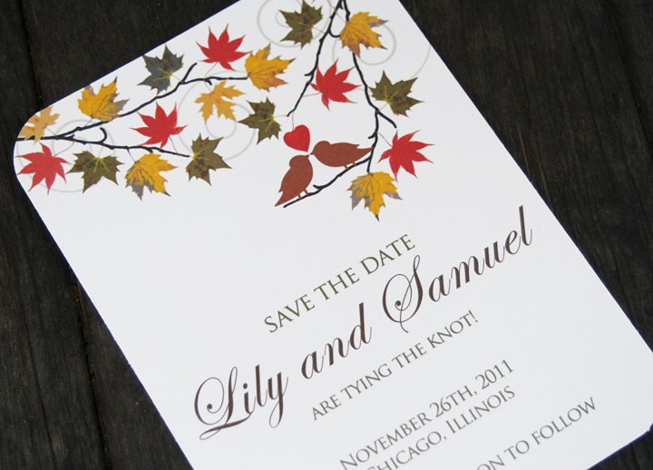 Personalized Autumn Leaves Lovebird Save The Date Invitations - Set of 12
