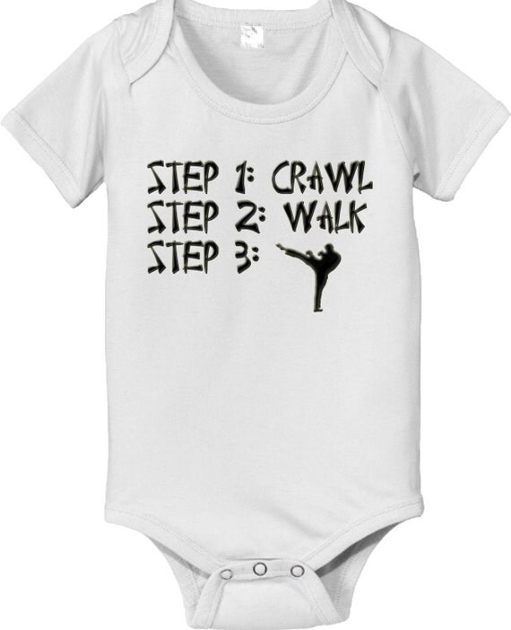 STEPS crawl walk future karate tae kwon do martial arts baby baby bodysuit white pink or baby blue