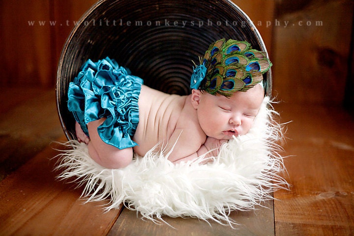 Ruffled Peacock diaper cover- bloomer matching elastic headband feather fascinator rosette and swarovsky crystals