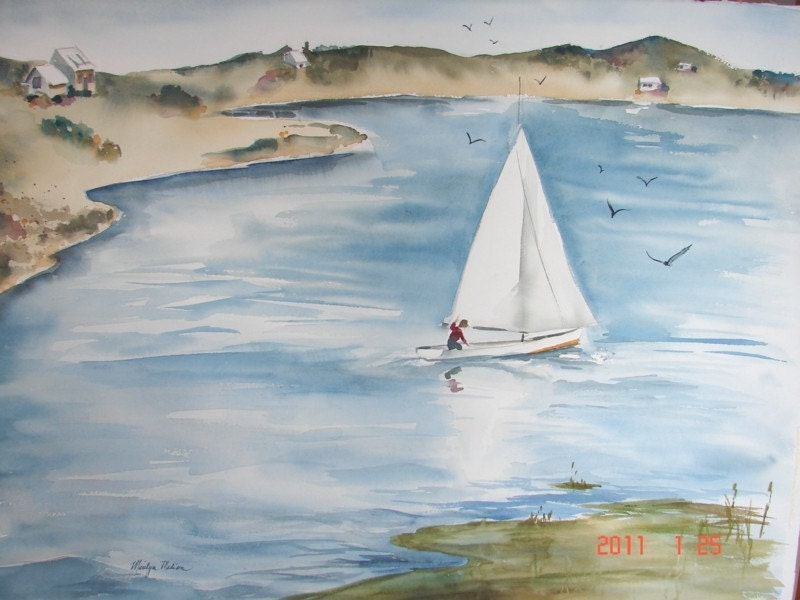 Sailing on a Pond, Original Watercolor, 22 " x 30"