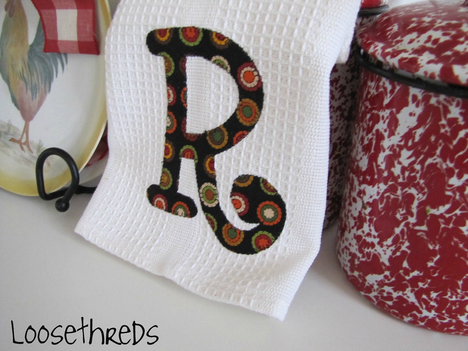 Personalized Kitchen towel set of 3 with Moda Black Dot Saltbox Harvest Monogram