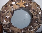 Seaside Cottage Decor- Driftwood Round Framed Mirror with Small Seashells, Starfish, and other Tiny Sea Life