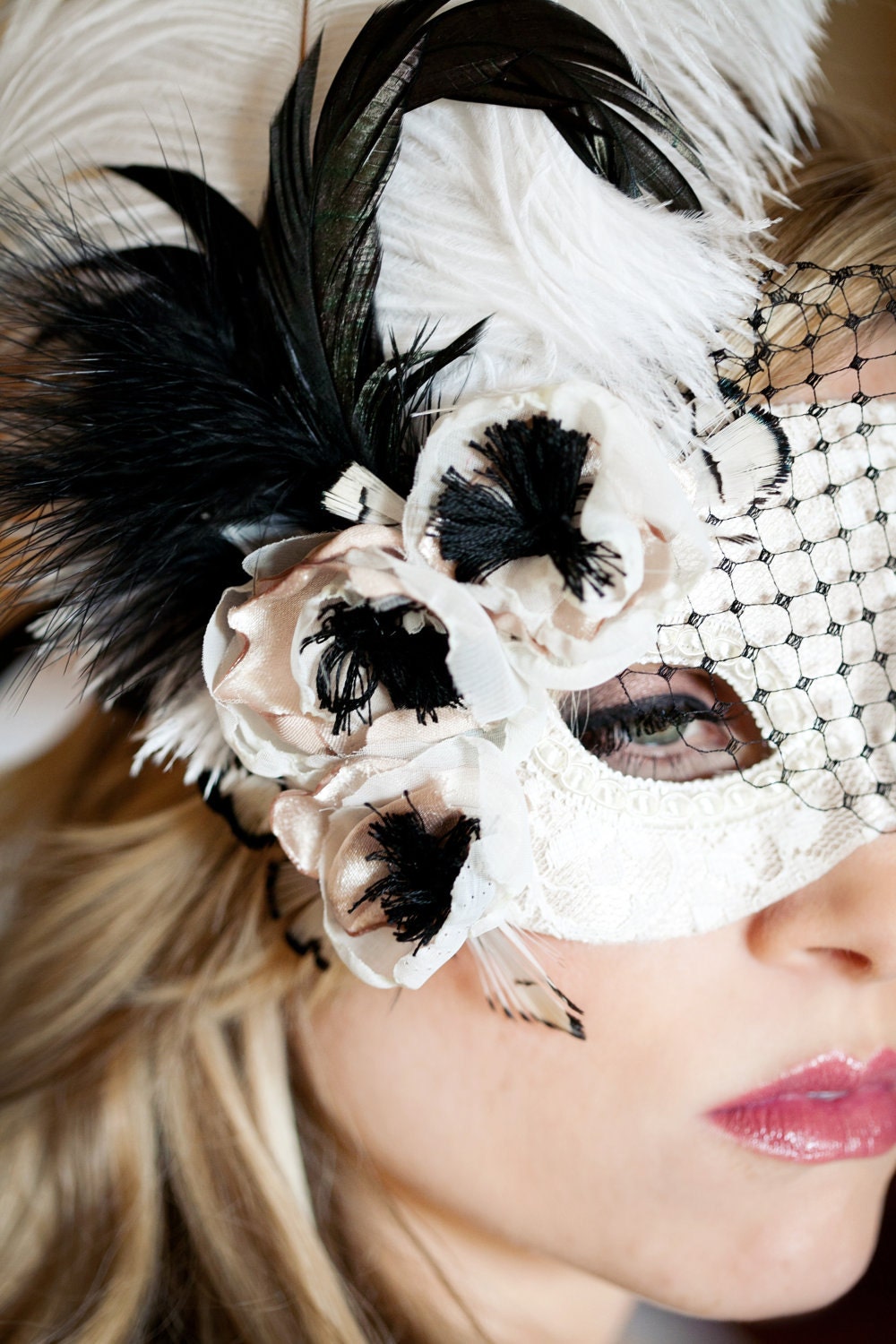 Lace Anenome Masquerade Mask with feathers and veil