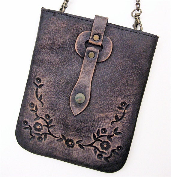 SALE Cross Body Bag Rustic Faded Black Small Tooled Floral Karen Kell Collection