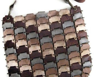Leather Link Chevron Design Bag Messenger Gray Brown Beige Cream  Karen Kell Collection