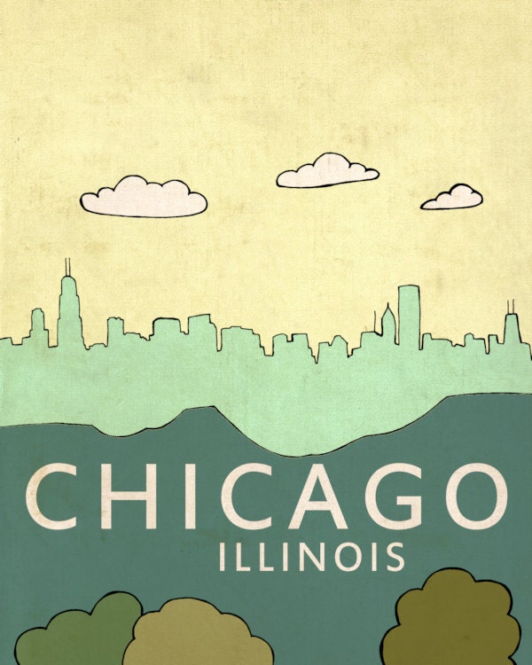 Chicago City Skyline Art Print - Chicago No.2 - Travel City Skyline Illustration and Typography Poster