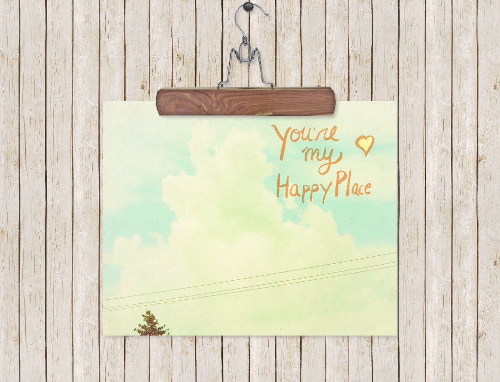 Happy Place 16x20 / Nature Photo, LARGE Poster, Childrens Art, Kids Room, Shabby Chic Nursery, Typography, Romantic Decor, Love, Clouds, Sky