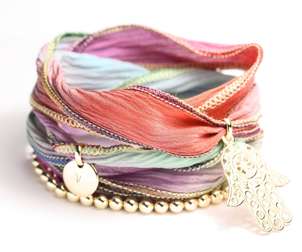 Hamsa charm, silk wrap, handstamped charm, goldfilled, goldplate, set of two bracelets,