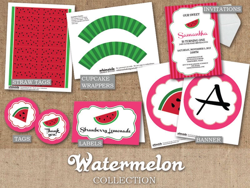 Watermelon Party- DIY Custom Printable - Full Collection - Invitations, Banner, Labels, Straw Tags, Cupcake Wrappers & Toppers
