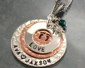 Mommy Personalized Necklace -  Mother's Sterling Silver Eternity Circle Jewelry with Baby Feet on Copper Disc - for Mom