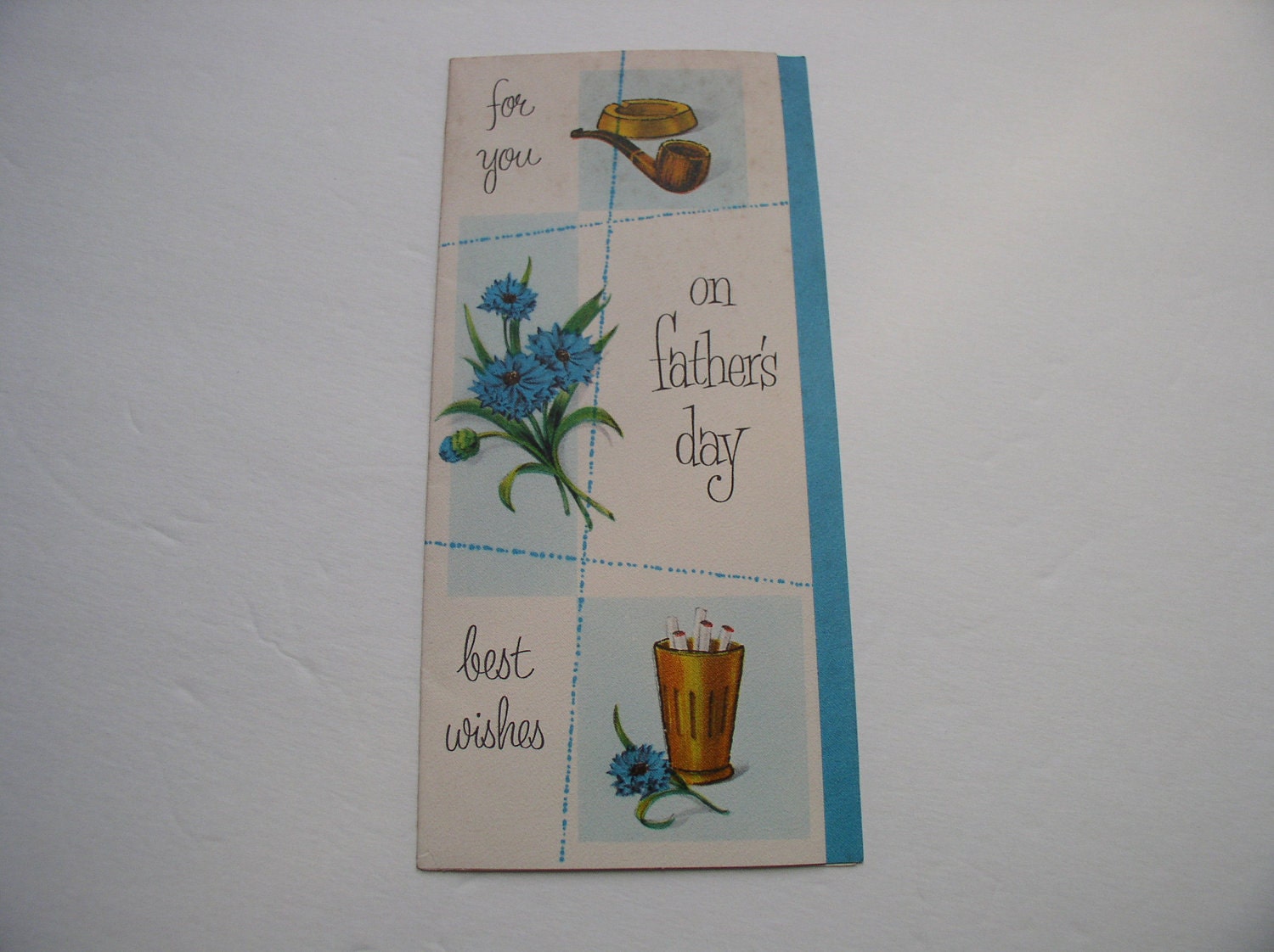 Vintage Fathers day Greeting Card- brown pipe blue carnations