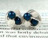 Petite Petrol/Star Dust - Mix It Up Series- Swarovski Glass Pearl and Stardust bead Wire Wrapped Stud Earrings
