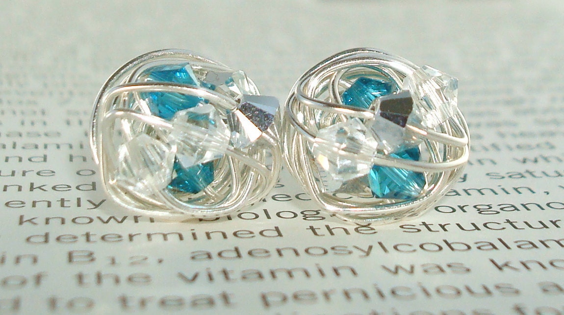 Waterfall Series- Wire Wrapped Stud Earrings- Teal, Silver, and Clear Swarovski Crystal Bead and Silver wire Stud Earrings