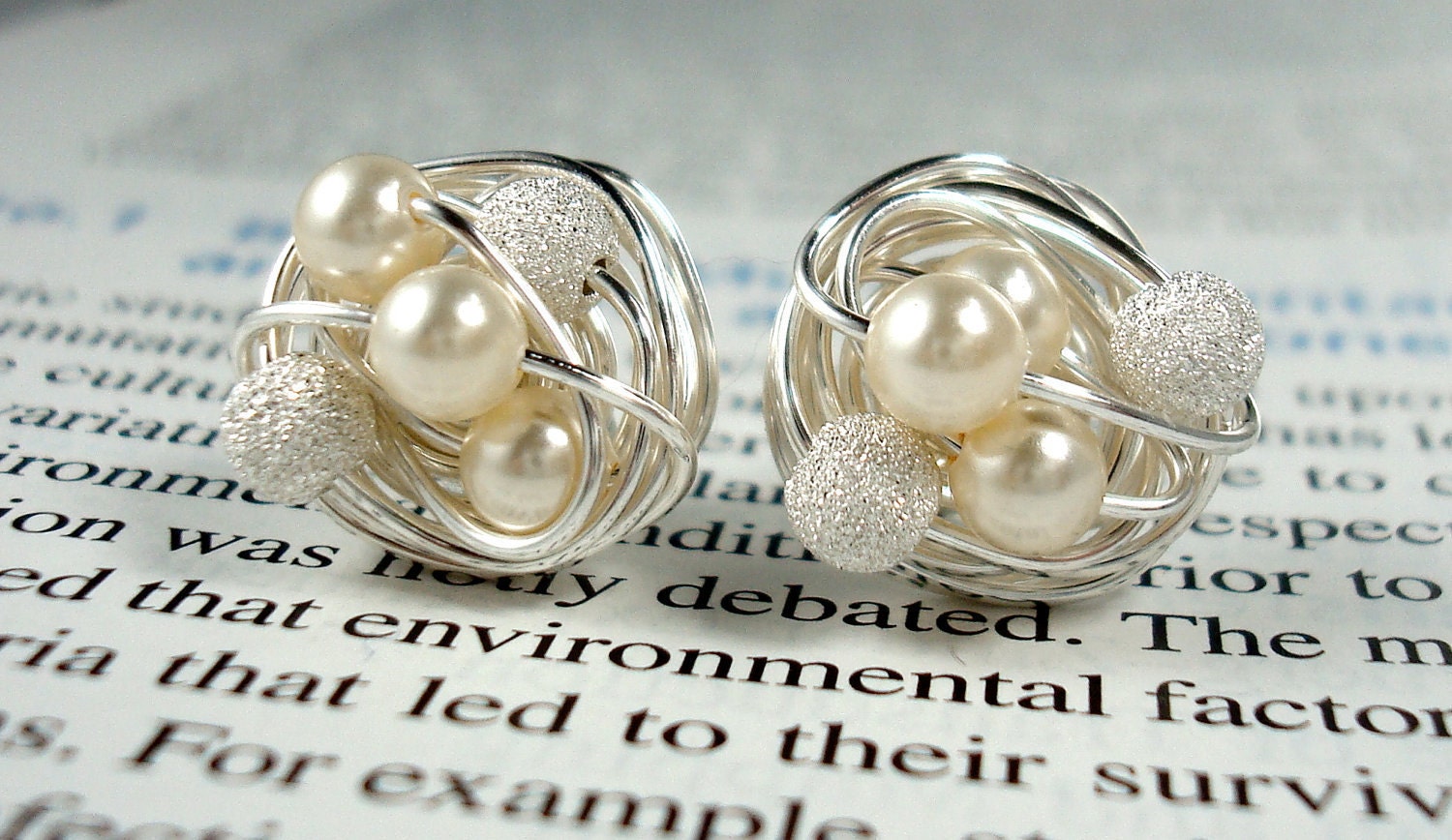 Cream / Silver Star Dust - Mix It Up Series- Swarovski Glass Pearl and Stardust bead Wire Wrapped Stud Earrings