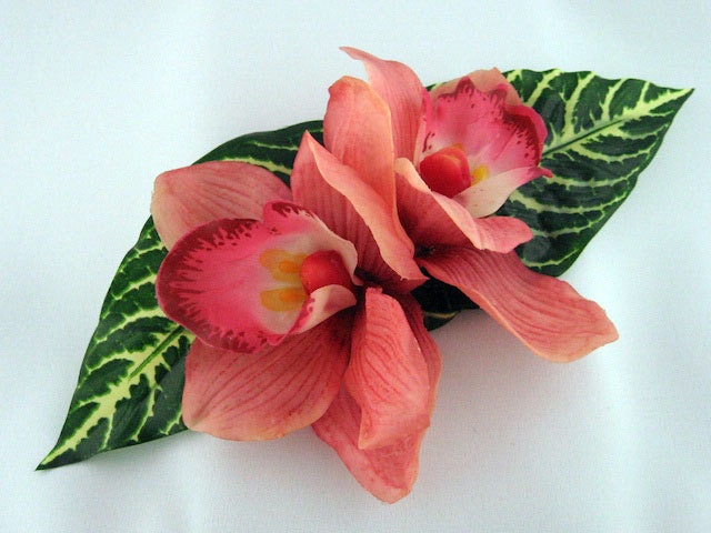 Coral, Peach, Salmon Red Cymbidium Orchid - FABULOUS - Large Double Flower Tropical Bridal Hair Clip Accessory