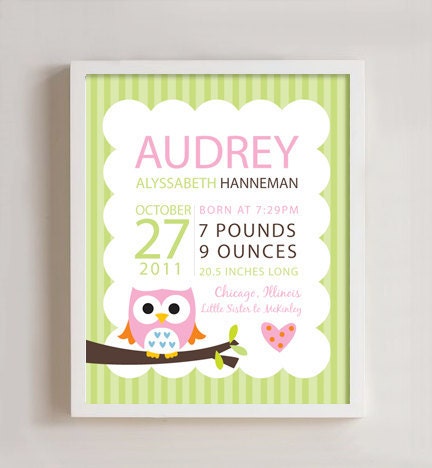 Personalized Birth print Owl wall art - 8x10 print