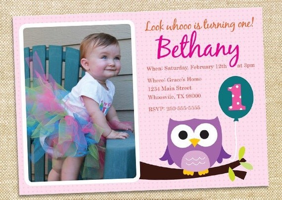 Owl Birthday Invitation GIRL - Custom photo you print Il_570xn