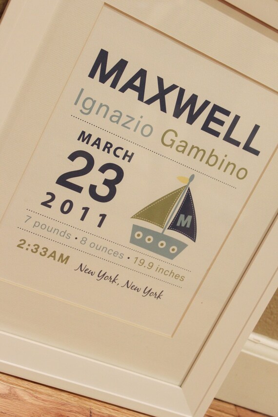 Sailboat Nursery Birth Announcment Wall art 8x10 Il_570xn