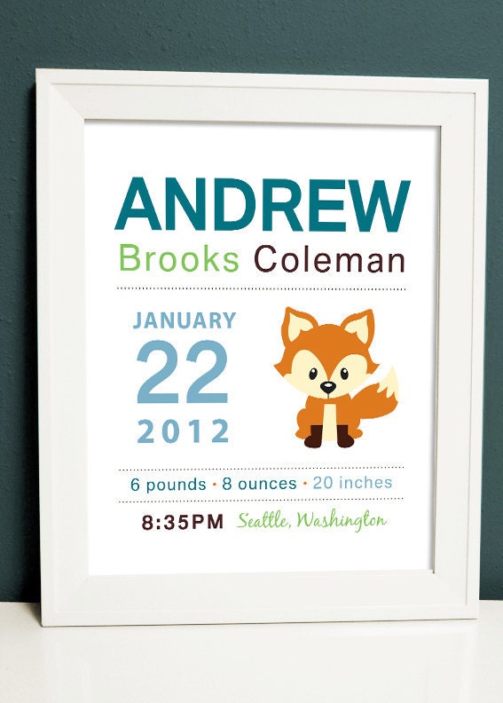 8 x 10 - Custom Birth Announcement Print - FOX nursery wall art Il_570xn