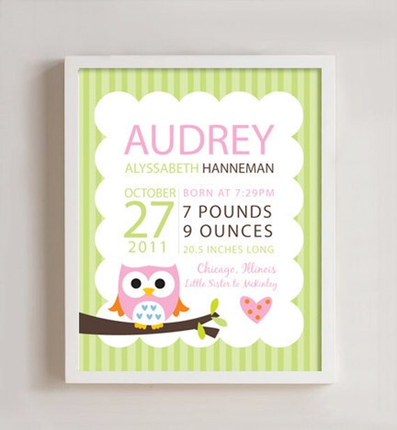 Personalized Birth print Owl wall art - 8x10 print