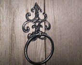 Bath Fixture Cast Iron Towel Holder / Ring / Refinished in Shabby Black /Bathroom hook / Fixture / Shabby Chic Decor