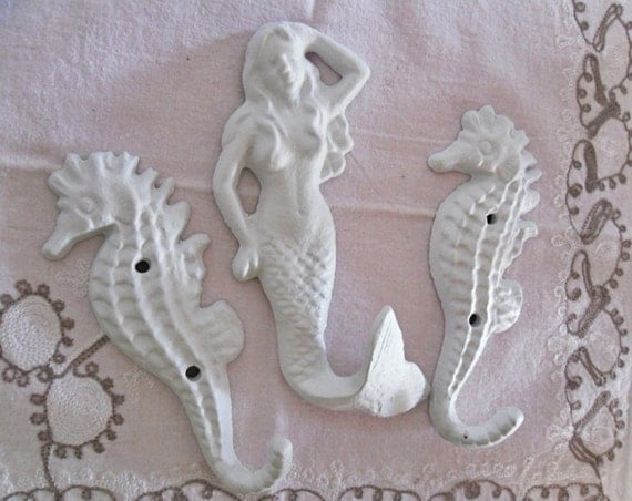 Mermaid / Seahorse /Trio Wall Hooks / Cottage / Shabby Chic / Coastal decor /Metal wall hook /Bathroom hook / Fixture