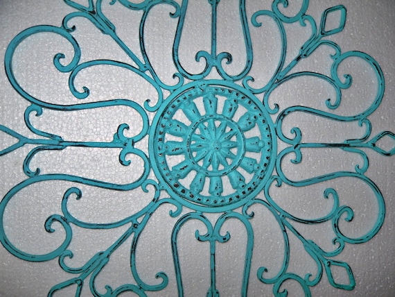 Metal Wall Decor, Aqua Painted Wall Art, Patio Decor, Wrought Iron / Shabby Chic Decor