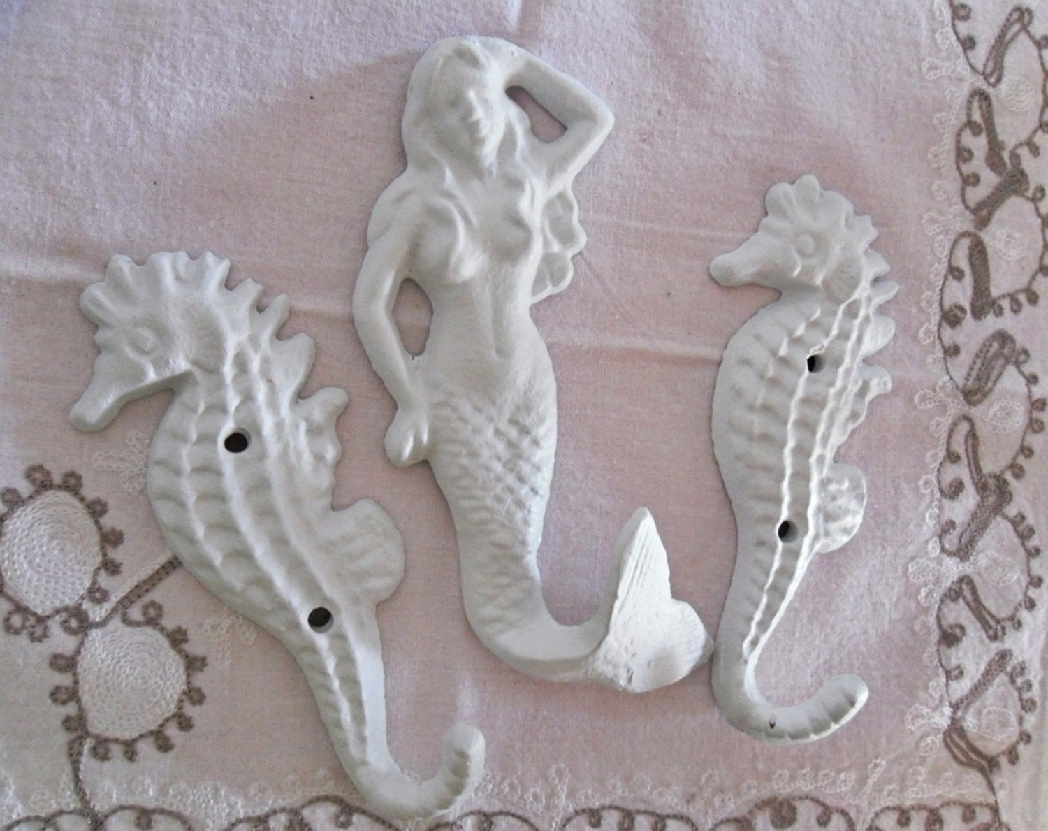 Mermaid / Seahorse /Trio Wall Hooks / Cottage / Shabby Chic / Coastal decor /Metal wall hook /Bathroom hook / Fixture