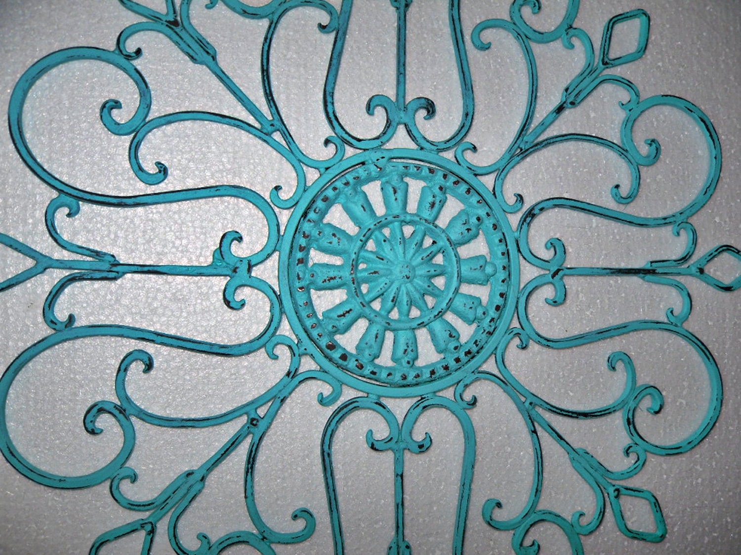 Metal Wall Decor, Aqua Painted Wall Art, Patio Decor, Wrought Iron / Shabby Chic Decor