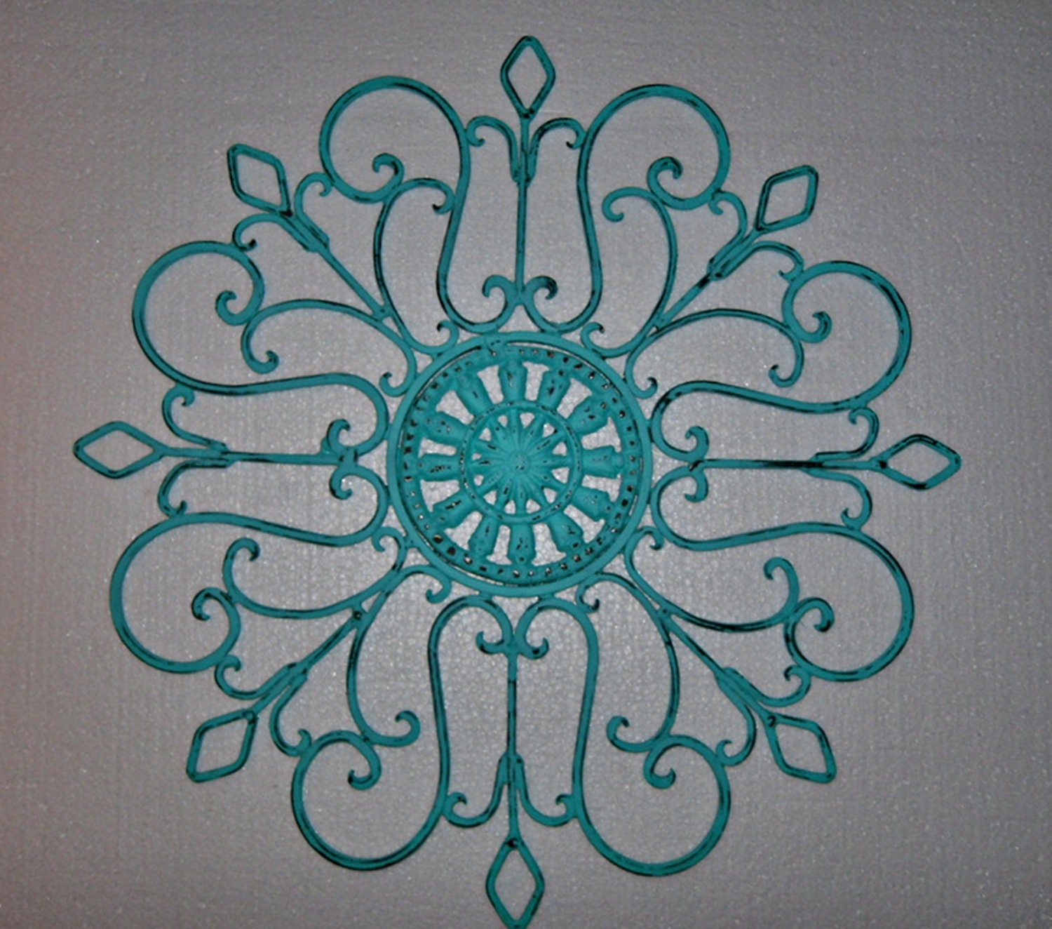 Metal Wall Decor, Aqua Painted Wall Art, Patio Decor, Wrought Iron / Shabby Chic Decor